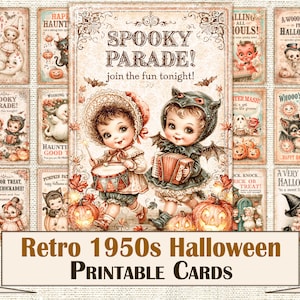 Op de afbeelding: Een verzameling printbare Halloween-kaarten met illustraties in vintage-stijl van kinderen in kostuums, pompoenen en vleermuizen. De centrale kaart toont de tekst SPOOKY PARADE! join the fun tonight! met twee kinderen die instrumenten bespelen.