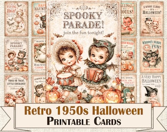 Retro 1950s Halloween Cards Bundle, Mid-Century Spooky Printable Collage Sheets, Vintage Trick or Treat Paper Craft Supplies