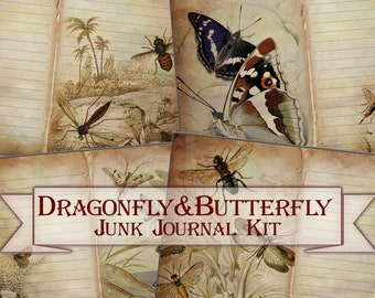 Vintage insects Junk Journal Kit Dragonfly&butterfly