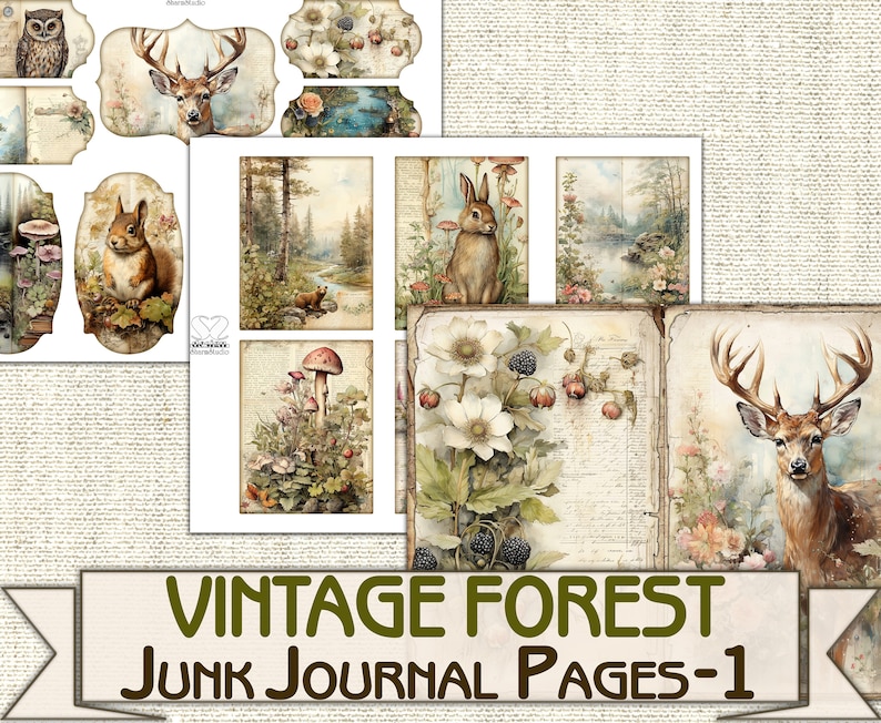 May include: Vintage forest themed junk journal pages with images of a deer, owl, rabbit, squirrel, mushrooms, flowers, and a vintage book. The pages are ready to be used for scrapbooking, journaling, or other creative projects.