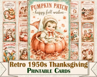 Retro 1950s Thanksgiving day Cards, Vintage Fall Ephemera Sheets, Harvest Greeting Cards Digital Download