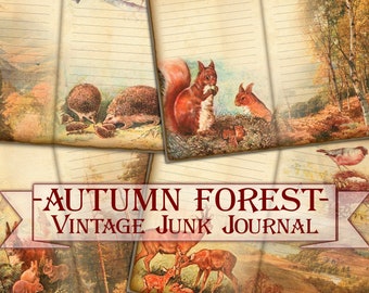 Vintage Autumn forest Junk Journal Kit,Fall Printable Collage Pages