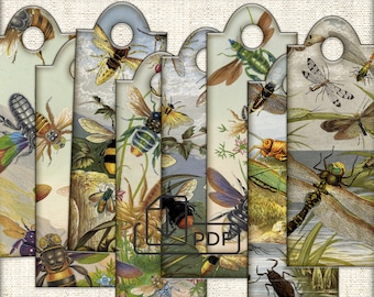 Vintage insects Tags Printable digital bookmark Junk Journal Ephemera