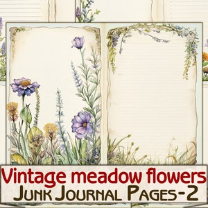 Diário de lixo de flores do prado vintage Pages-2, colagem de imagens botânicas, download de folha digital