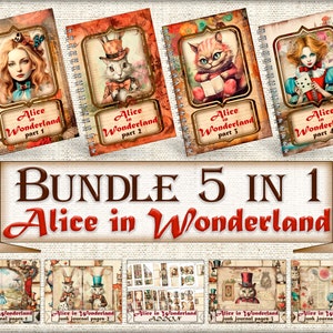 Alice Wonderland junk journal pages Bundle,Alice art picture collage,Digital Sheet Download