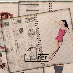 May include: Vintage-style digital collage featuring retro illustrations of women in swimwear and lingerie, overlaid on a lined notebook page with catalog excerpts. The image has a faded, aged aesthetic, with a PDF download icon.