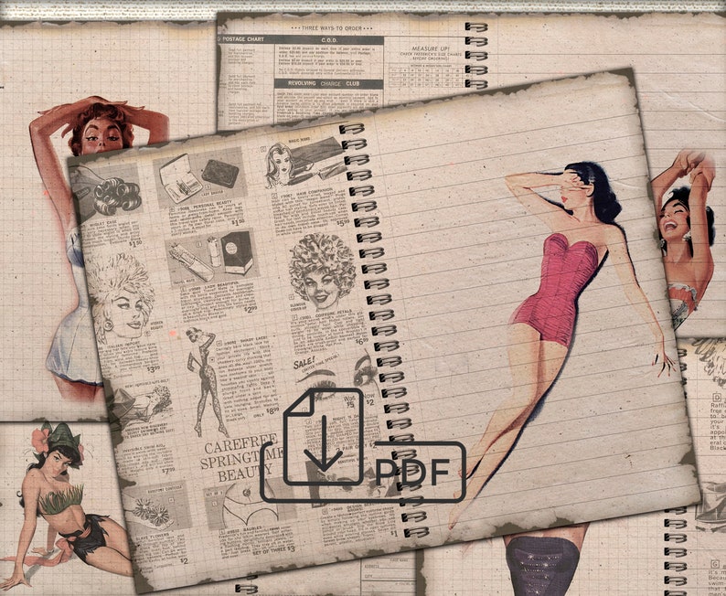 May include: Vintage-style digital collage featuring retro illustrations of women in swimwear and lingerie, overlaid on a lined notebook page with catalog excerpts. The image has a faded, aged aesthetic, with a PDF download icon.