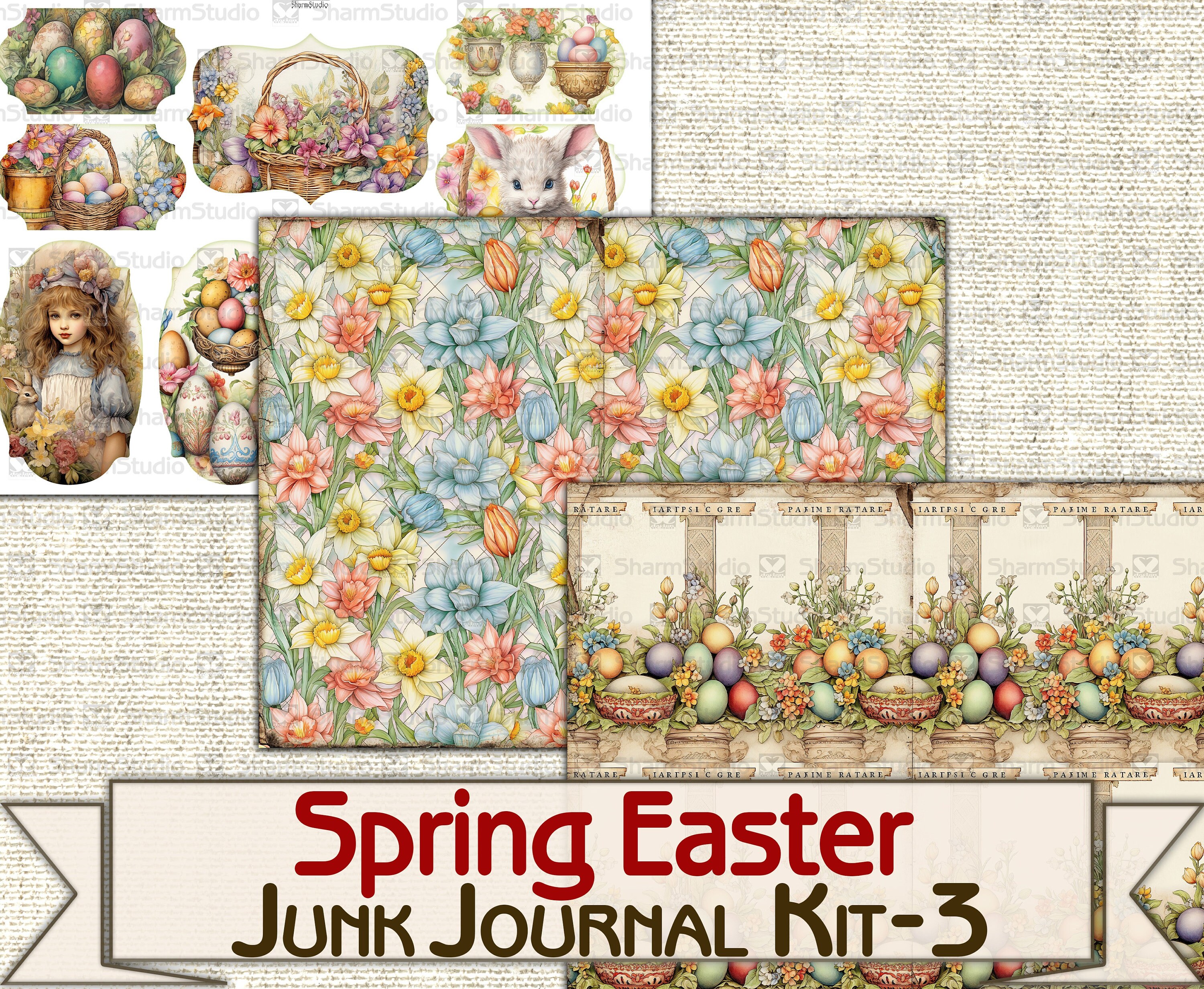 Vintage Spring Easter Junk Journal Kit-3,digital Picture Collage ...