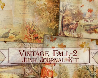 May include: A digital collage sheet featuring autumn-themed imagery including deer, turkeys, pumpkins, and fall foliage. The design incorporates vintage-style script, aged paper textures, and a banner with the text VINTAGE FALL-2 JUNK JOURNAL KIT.