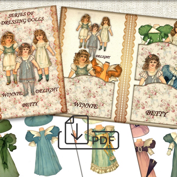 Vintage victorian digital Paper Doll Set printable pdf,Series Of Dressing Dolls