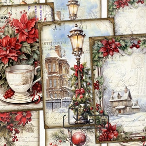クリスマス デコレーション 画像コラージュ 印刷可能なカード ATC、クリスマス デコパージュ デジタル ペーパー セット