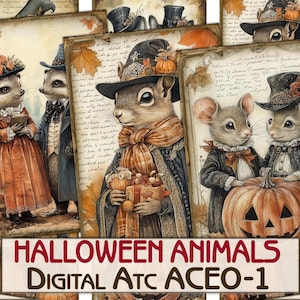 ヴィンテージ ハロウィーン 動物 絵 コラージュ 印刷可能 カード ATC + ボーナス、デコパージュ デジタル ペーパー セット - 1