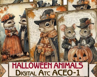 Vintage Halloween animals picture collage printable cards atc + BONUS,decoupage digital papers set-1
