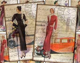 Vintage digital fashion collage illustration 1930s Collage Sheet,Cards Atc ACEO
