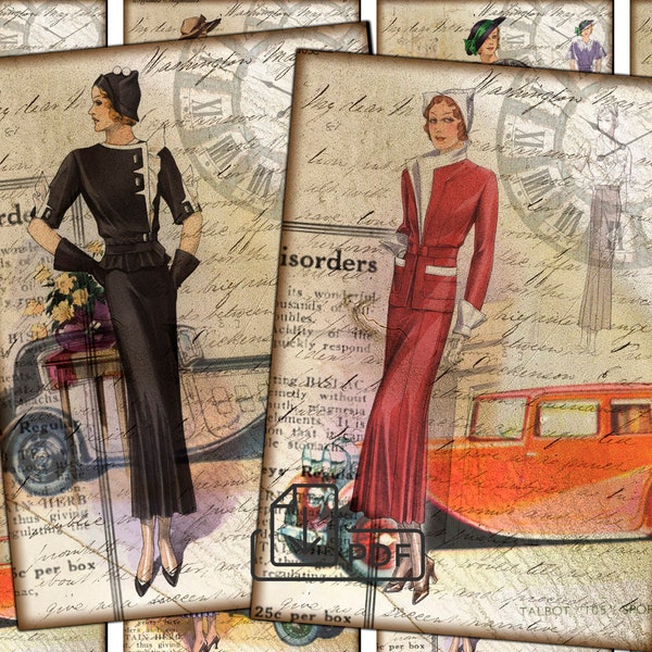 Vintage digital fashion collage illustration 1930s Collage Sheet,Cards Atc ACEO