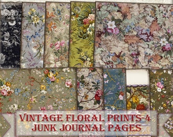 Impressions florales vintage - 4 pages de journal indésirable, collage d'images botaniques, feuille numérique à télécharger