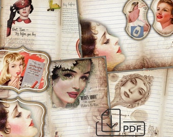 Junk journal printable Vintage Ladies picture collage pages digital Fashion 30s