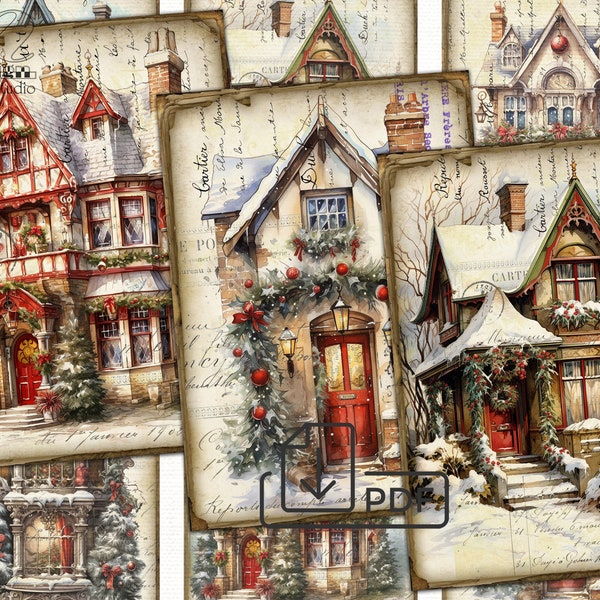 Kersthuis foto collage afdrukbare kaarten atc, xmas decoupage digitale papieren set