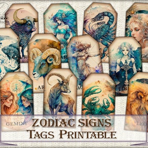 Vintage Astrologie Sternzeichen Junk Journal Tags, druckbare digitale Papierdrucke