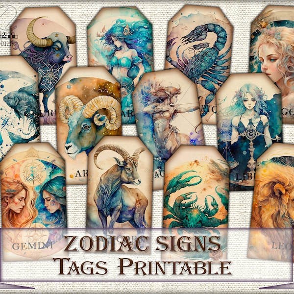 Vintage astrology Zodiac Signs Junk Journal Tags, Printable Digital Paper Prints