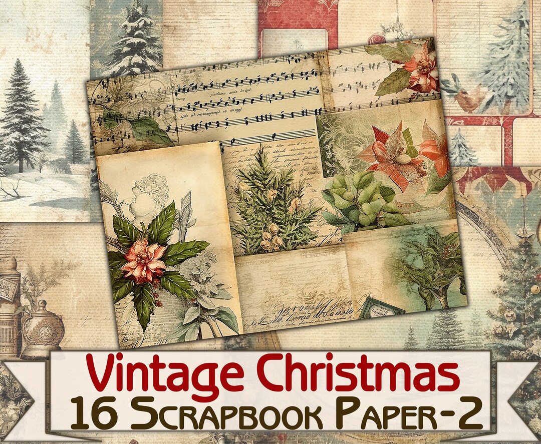 Vintage Christmas Background, Scrapbook Paper Pack-2 Printable 16 Pages