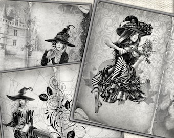 Vintage Halloween Junk Journal Pages-4 picture collage,Digital Sheet Download