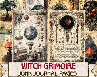 Vintage Witch Grimoire junk journal Pages printable,Mystic Witch, Wiccan Spell Book Download