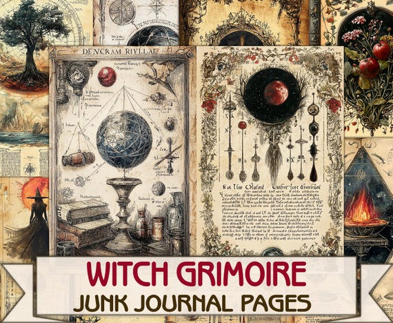 Vintage Witch Grimoire junk journal Pages printable,Mystic Witch, Wiccan Spell Book Download