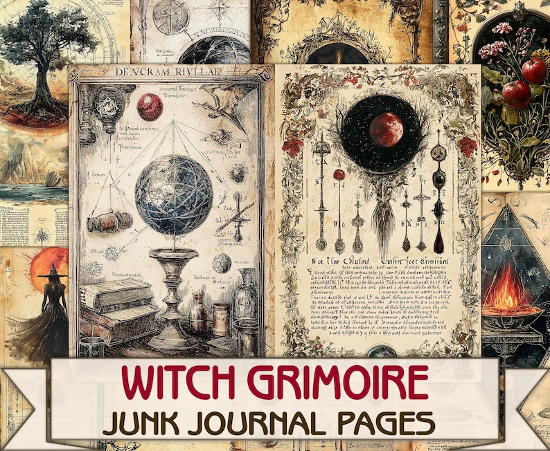 May include: A collection of vintage-style printable pages featuring illustrations of celestial bodies, alchemy symbols, and text. The pages are perfect for adding a touch of magic to your junk journals, scrapbooks, or other creative projects. The text on the page reads "Witch Grimoire Junk Journal Pages".
