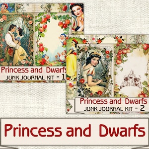 Puede incluir: Un kit de collage digital con ilustraciones vintage de Blancanieves y los Siete Enanitos. El kit incluye im&aacute;genes de Blancanieves, los enanitos, manzanas y un castillo. El texto "Princess and Dwarfs Junk Journal Kit - 1" y "Princess and Dwarfs Junk Journal Kit - 2" est&aacute; incluido en la imagen.