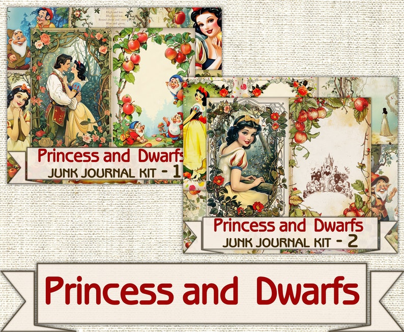 Puede incluir: Un kit de collage digital con ilustraciones vintage de Blancanieves y los Siete Enanitos. El kit incluye im&aacute;genes de Blancanieves, los enanitos, manzanas y un castillo. El texto "Princess and Dwarfs Junk Journal Kit - 1" y "Princess and Dwarfs Junk Journal Kit - 2" est&aacute; incluido en la imagen.