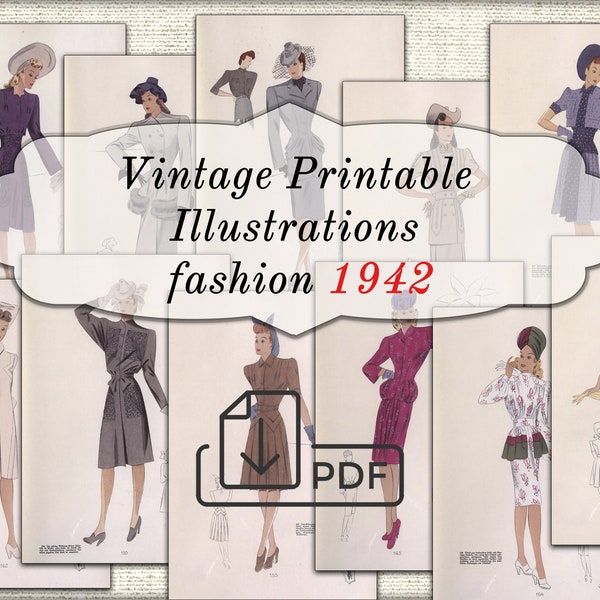 Fashion illustration 1940s dress, vintage clothing Digital Download