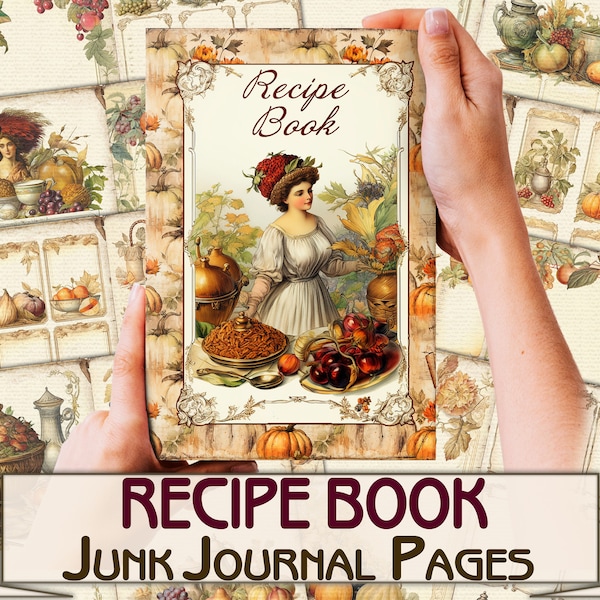 Vintage Recipe Book junk journal,Recipes Kit Papers templates printables