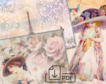 Vintage Pastel Shade Collection ephemera Junk Journal picture collage,Digital Sheet Download