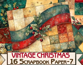 Vintage Christmas Background, scrapbook paper Pack-7  Printable 16 Pages