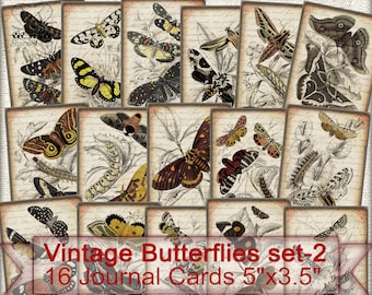 Grunge Vintage Butterflies cards set-2, Digital Collage Sheet Butterfly,Junk Journal Ephemera