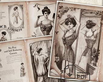 Collage d'images de pages de carnet de couture de sous-vêtements vintage, feuille numérique à télécharger