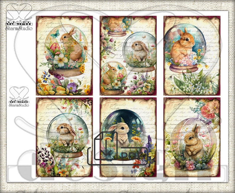 Peut inclure: Six illustrations de style vintage de lapins &agrave; l'int&eacute;rieur de globes &agrave; neige en verre. Chaque globe est entour&eacute; de fleurs color&eacute;es et de verdure. L'arri&egrave;re-plan est une lettre manuscrite d&eacute;lav&eacute;e.