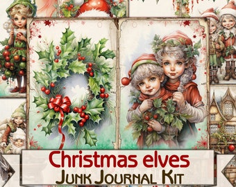 Christmas elves Junk Journal Kit,Printable Collage Pages