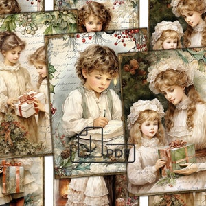 Vintage kersttijd foto collage afdrukbare kaarten atc, xmas decoupage digitale papers set