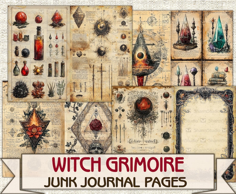 Vintage Witch Grimoire junk journal Pages printable,Mystic Witch, Wiccan Spell Book Download image 6