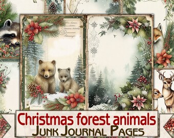 Christmas forest animals Junk Journal Kit,Printable Collage Pages