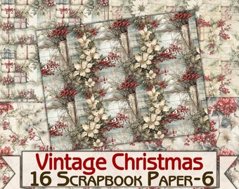 Vintage Christmas Background, scrapbook paper Pack-6 Printable 16 Pages