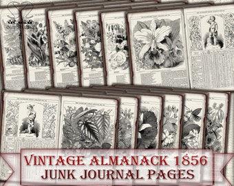 Vintage Flora Junk Journal afdrukbare collagepagina's, digitale almanak 1856