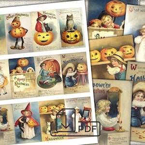 Conjunto de cartões postais de Halloween, cartões Atc ACEO, coisas efêmeras vintage