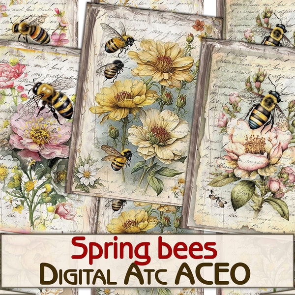 Vintage Spring bees card set,Collage insects Digital picture printable cards Atc ACEO