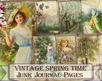 Vintage Spring time,collage junk journal Pages,victorian ephemera