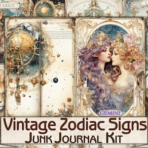 Vintage astrology junk journal Pages printable,Zodiac Signs digital collage kit