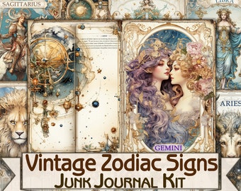 May include: Vintage Zodiac Signs Junk Journal Kit featuring twelve different zodiac signs, each with a unique illustration. The kit includes a variety of images, including a celestial map, a lion, and a pair of women with flowers in their hair. The kit is perfect for creating a personalized journal or scrapbook.