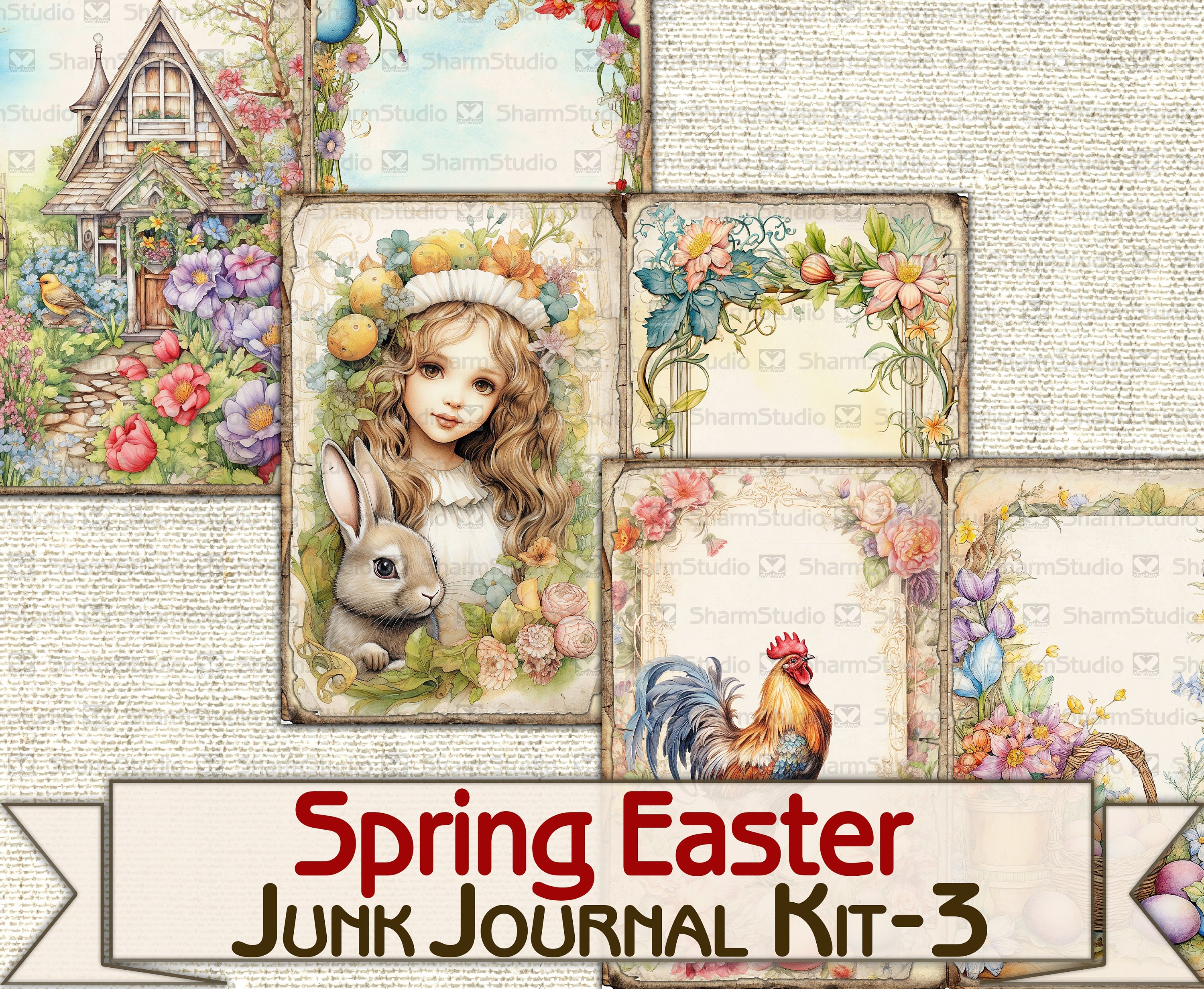 Vintage Spring Easter Junk Journal Kit-3,digital Picture Collage ...